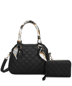 Quilted Scarf Top Handle Satchel 2-in-1 Set LF478S2 BLACK
